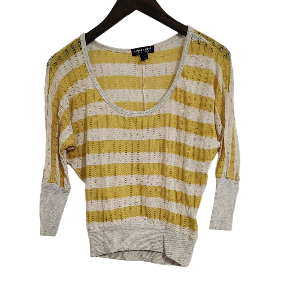 About a Girl Striped 3/4 Sleeve Sweater Knit Detail Yellow XS Open Knit